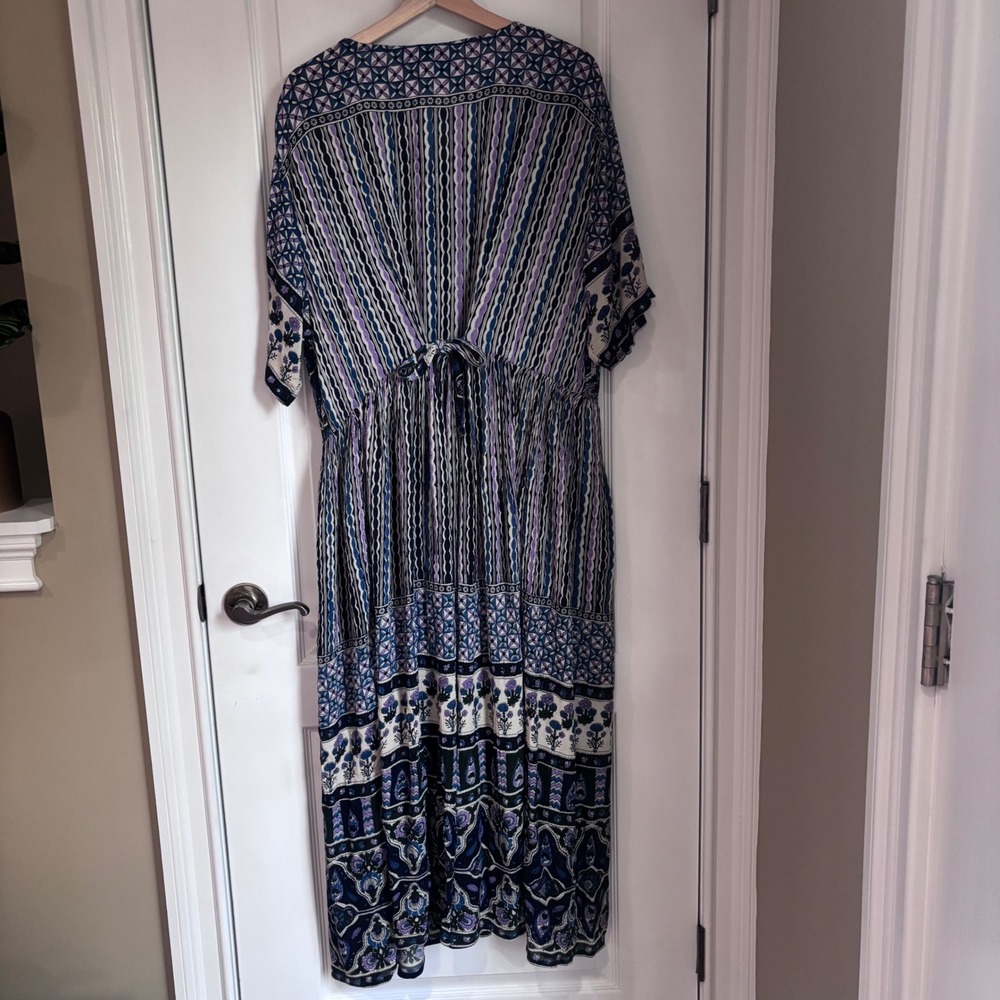 MPH Women 2X Blue Purple Boho Rayon Button Front Maxi Dress Mixed Print Tie Back - Picture 2 of 10